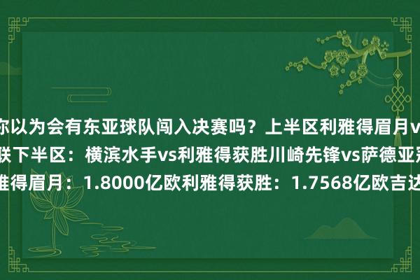 你以为会有东亚球队闯入决赛吗？上半区利雅得眉月vs光州FC吉达国民vs武里南联下半区：横滨水手vs利雅得获胜川崎先锋vs萨德亚冠八强身价名次利雅得眉月：1.8000亿欧利雅得获胜：1.7568亿欧吉达国民：1.6993亿欧萨德：8255万欧横滨水手：1718万欧川崎先锋：1528万欧武里南联：1345万欧光州FC：838万欧    体育赛事直播